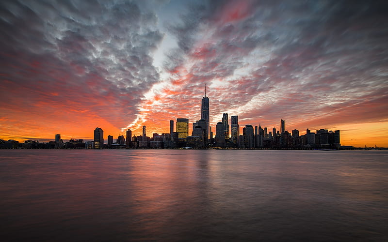 Jersey City, New york, Upper Bay, sunset, USA, World Trade Center 1, skyscrapers, night sky, July 4, Liberty State Park, HD wallpaper
