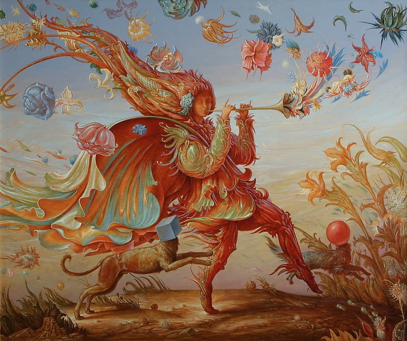 :), painting, wolfgang harms, pictura, surreal, fairy, art, red, orange, fantasy, instrument, butterfly, HD wallpaper