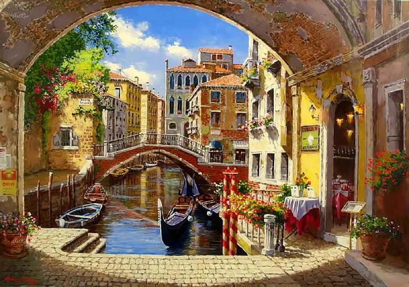 Archway to Venice, art, canal, Italy, archway, bonito, Venice, bridge, painting, gondola, HD wallpaper