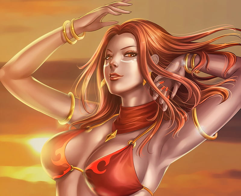 Lina, red, fantasy, girl, redhead, orange, dota 2, game, HD wallpaper