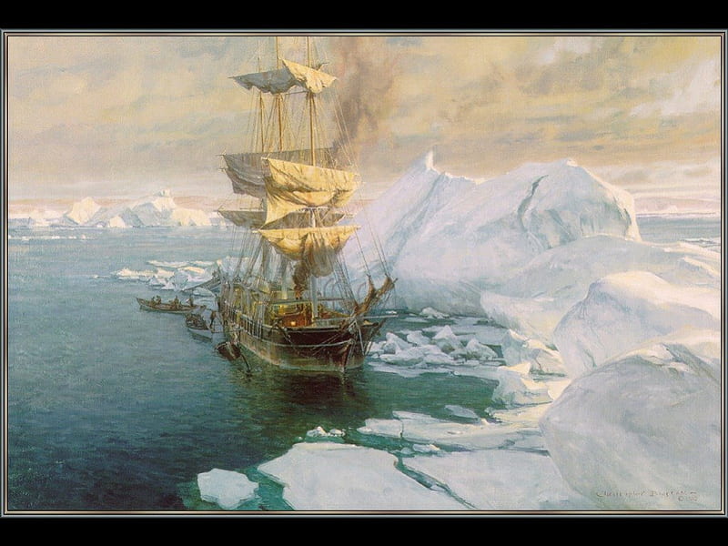 Cutting in the Arctic, icebergs, sailing ship, ocean, row boats, HD wallpaper