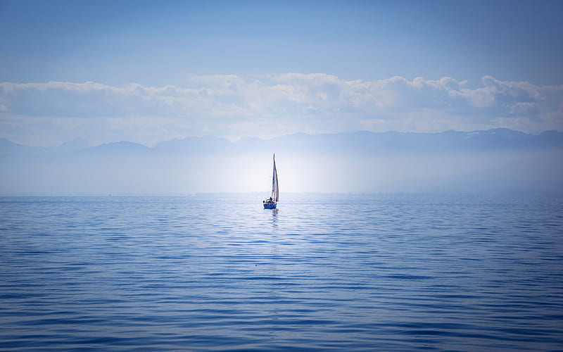 Lake Constance, yacht, sailboat, Bodensee, Germany, loneliness concepts, solitude, HD wallpaper