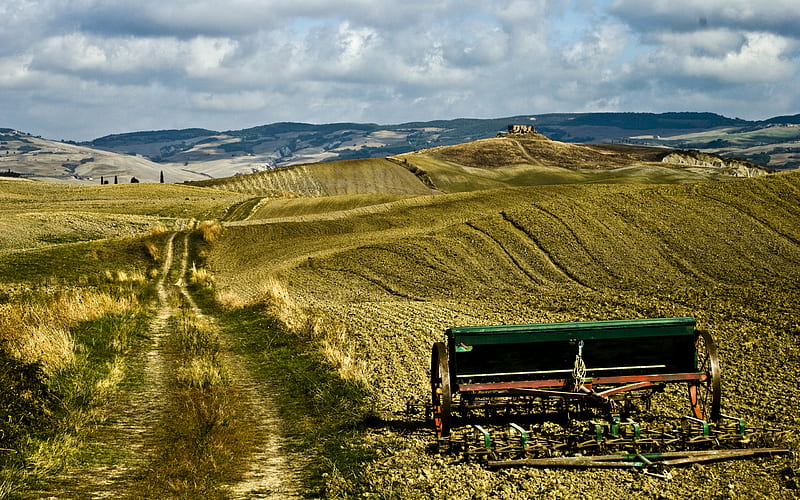 Tuscany, hills, harvest, plough, crop, field, landscape, italy, HD wallpaper