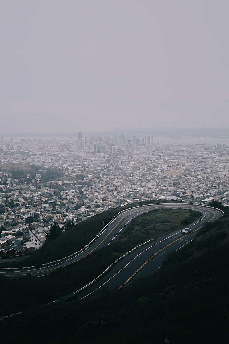 road, city, aerial view, fog, buildings, car, HD phone wallpaper