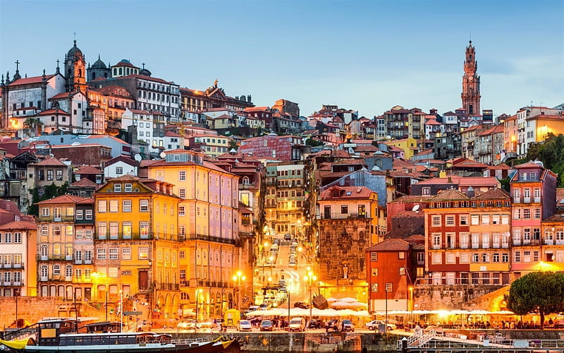 Porto, sunset, evening, city panorama, promenade, Portugal, HD wallpaper