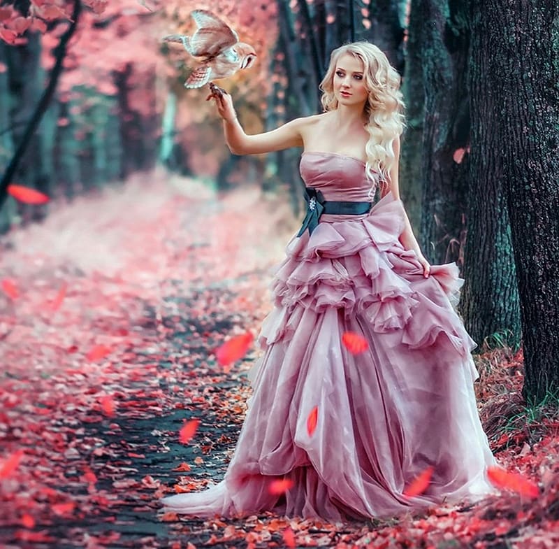 Pretty Blonde with her owl, blonde, pink dress, blue waist belt, pathway, woods, ruffles, strapless, HD wallpaper