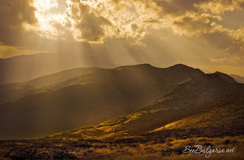 The Balkan, beautiful, sunset, sky, clouds, mountain, graphy, gold, beauty, nature, bulgaria, HD wallpaper
