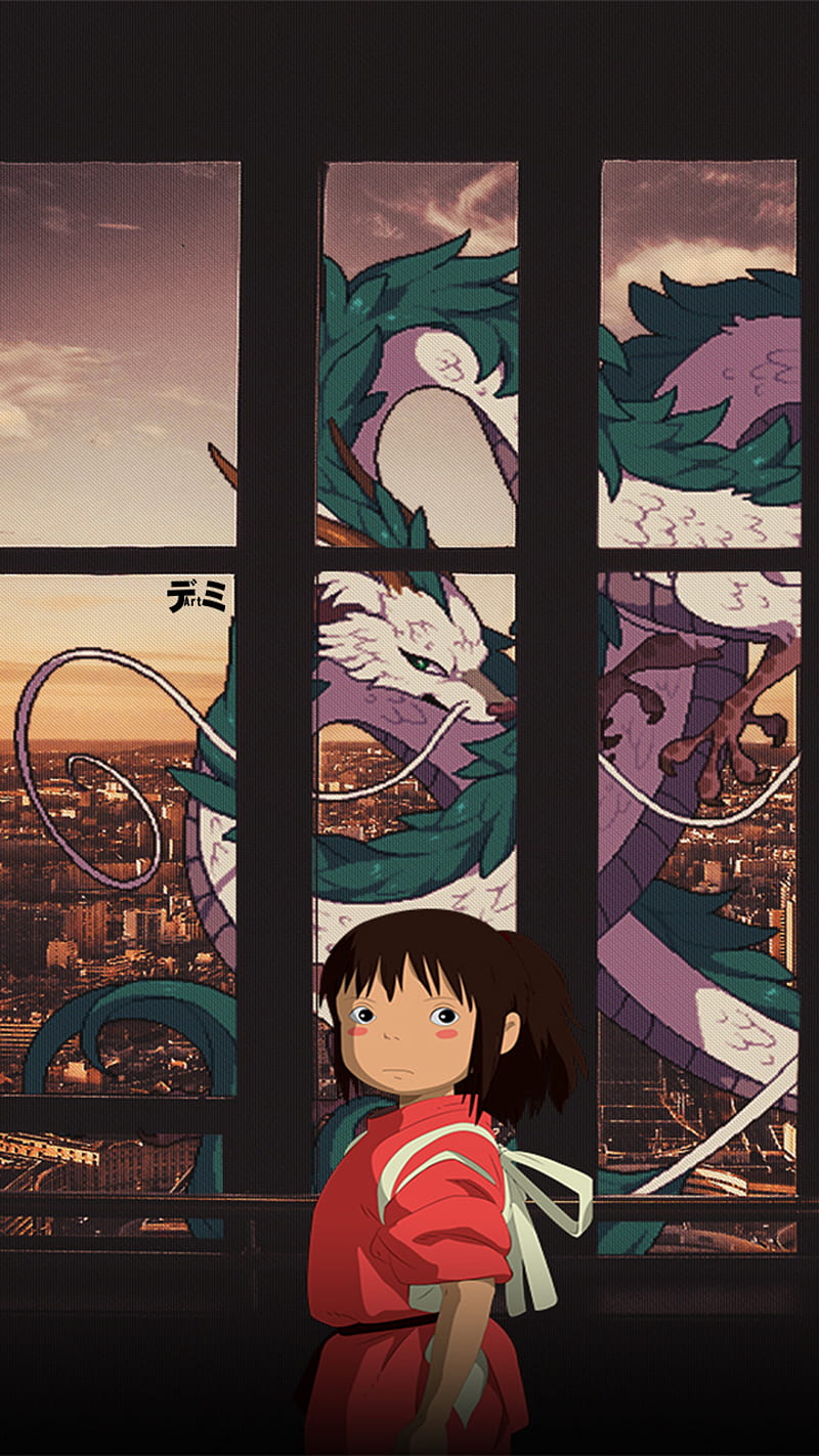 Spirited Away, anime, anime edit, chihiro ogino, dragon, girl, haku dragon, kaonashi, window, HD phone wallpaper