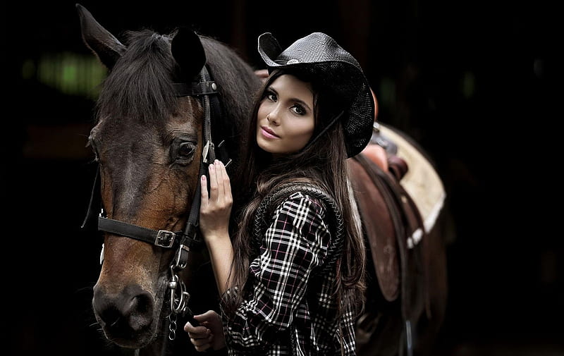 Beauty, cal, actress, model, girl, cowgirl, woman, horse, hat, HD wallpaper