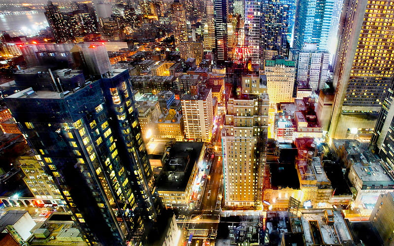 New York, night cityscape, skyscrapers, city lights, metropolis, USA, HD wallpaper