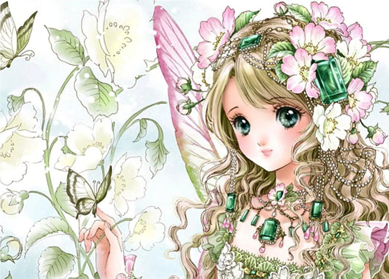 ~❀ADORE❀~, pretty, green eyes, adorable, magic, wing, women, sweet, floral, fantasy, butterfly, love, anime, royalty, flowers, beauty, anime girl, gems, jewel, long hair, locket, fairy, wings, lovely, gown, amour, sexy, jewelry, cute, maiden, dress, divine, adore, bonito, sublime, woman, blossom, gemstone, hot, gorgeous, female, exquisite, necklace, brown hair, kawaii, girl, flower, precious, magical, lady, angelic, HD wallpaper