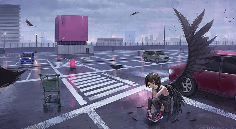 fallen angel, anime girl, wings, street, highway, feathers, tattoo, Anime, HD wallpaper