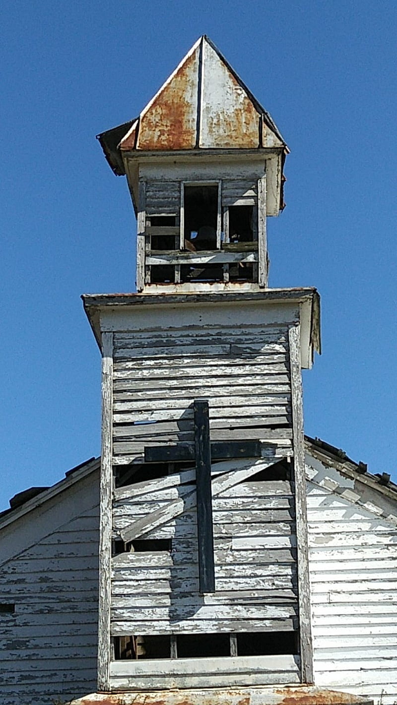 Church steeple, abandoned, blue, bluesky, church, cottages, house, landscape, old, sky, steeple, HD phone wallpaper