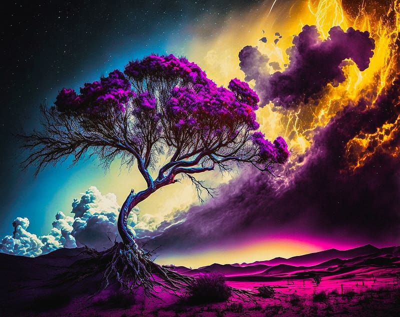 ~ Purple fantasy tree~, egbolt, szines tajkep, termeszet, narancssarga, szines fa, lila, fa, kek, HD wallpaper