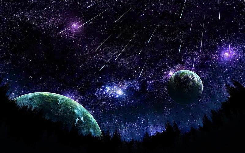 Colorful Meteor Shower, colorful, planets, meteors, space, sky, HD wallpaper