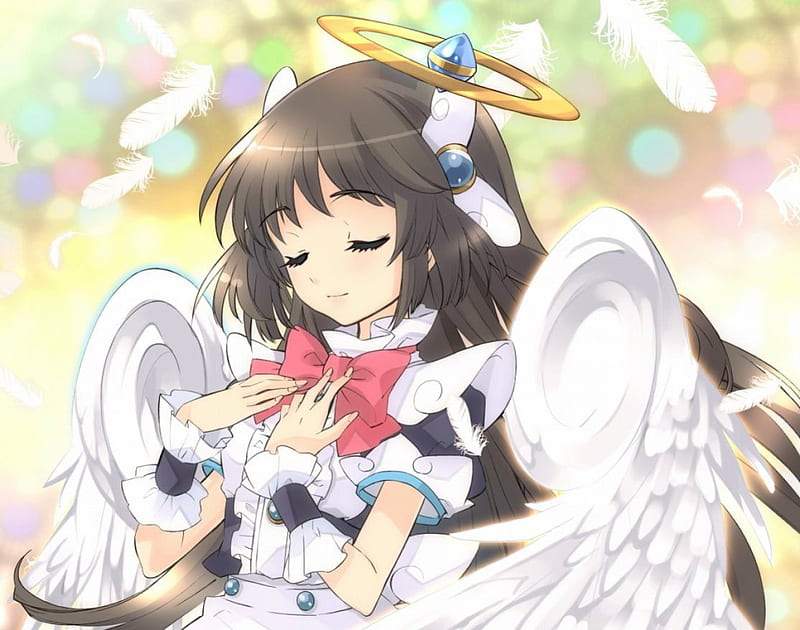 Retro 80s anime-style hispanic girl with tan skin, shoulder-length brown  curly hair, angel wings and halo