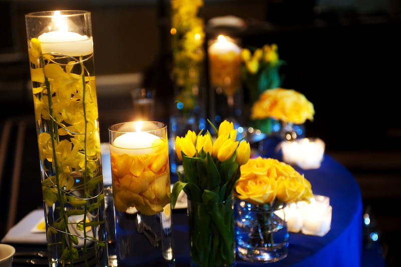 The one I say good night to..., deep blue, wonderful, special, yellow, wonder, bonito, floral, sweetheart, friendship, love, tulips, light, table, centerpiece, good night, roses, the one, believe, candles, bouquet, entertainment, fashion, faith, HD wallpaper
