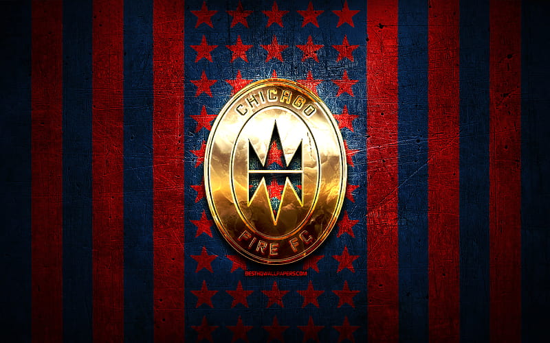 Chicago Fire flag, MLS, blue red metal background, american soccer club, Chicago Fire logo, USA, soccer, Chicago Fire FC, golden logo, HD wallpaper