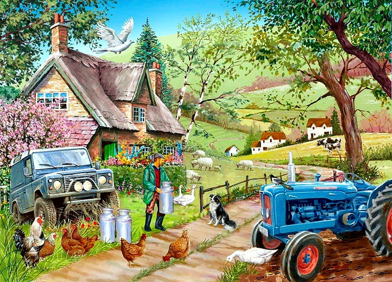 Farm Fresh, tractor, cottage, hens, man, artwork, sheep, painting, milk, cows, vintage, HD wallpaper