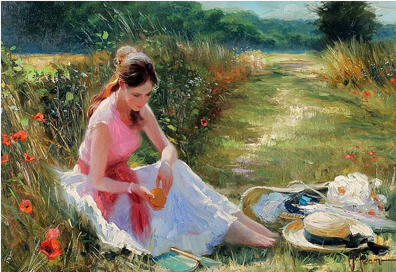Painting, red, artist, dress, dreamy, sun, grass, poppies, book, read, bonito, woman, elegant, young, feminine, flowers, beauty, relaxation, pink, rests outdoors, blue, art, forest, quiet, soft, hat, summer, nature, single, field, HD wallpaper