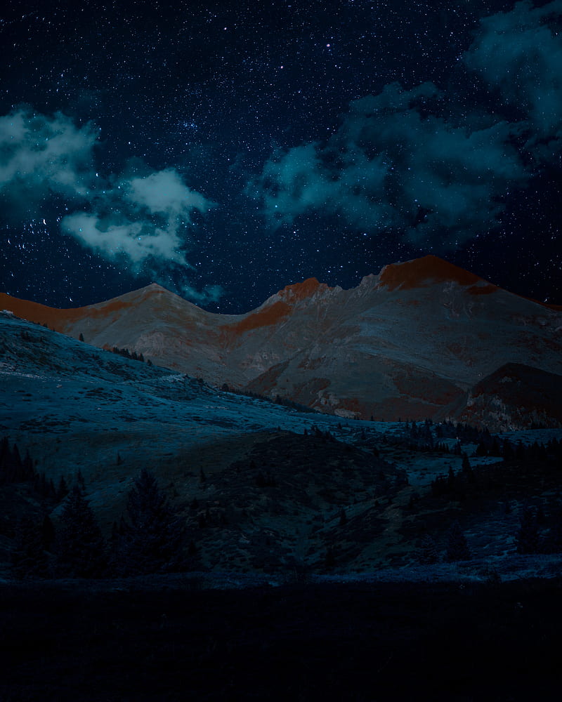 mountains, slope, night, starry sky, HD phone wallpaper