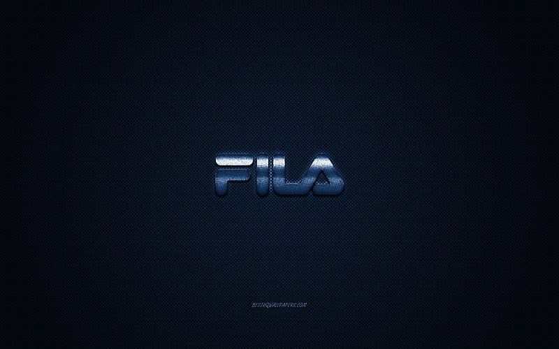 Fila logo, metal emblem, apparel brand, синий carbon texture, global apparel brands, Fila, fashion concept, Fila emblem, HD wallpaper