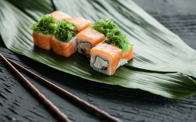 sushi, rolls, Japanese cuisine, east, salmon, oriental food, HD wallpaper