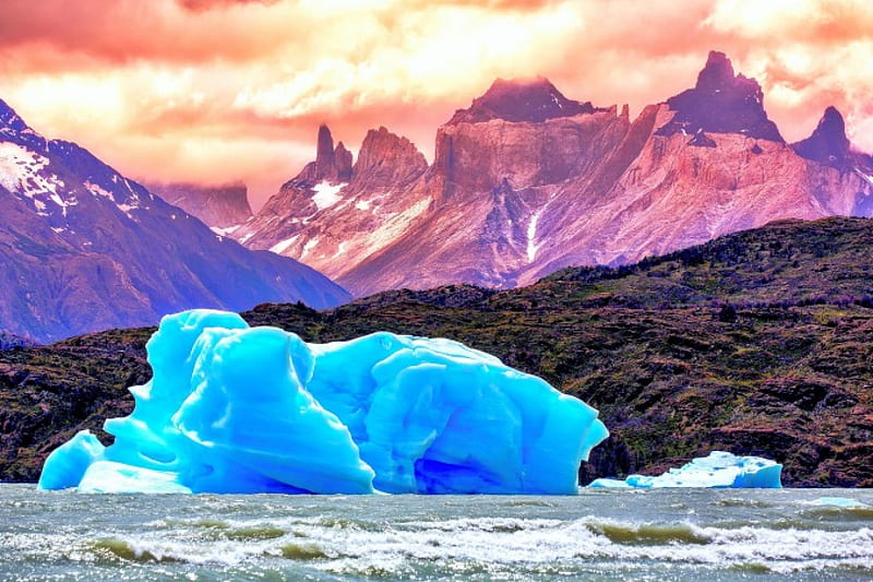 Grey Lake, Southest Chile, National Park, Torres del Paine, iceberg, bonito, sunset, sky, clouds, lake, light blue, snow, mountains, Patagonia, reddish, HD wallpaper