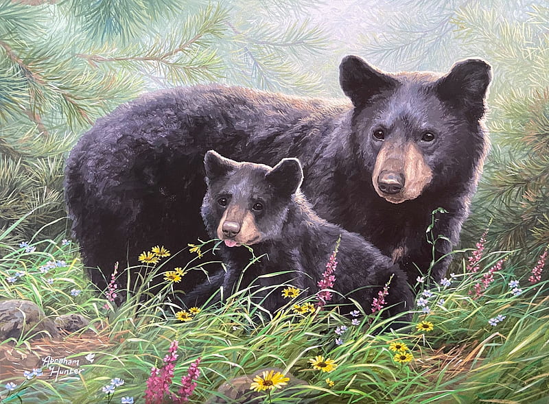 Flower Picking, nature, bears, meadow, painting, cub, artwork, HD wallpaper