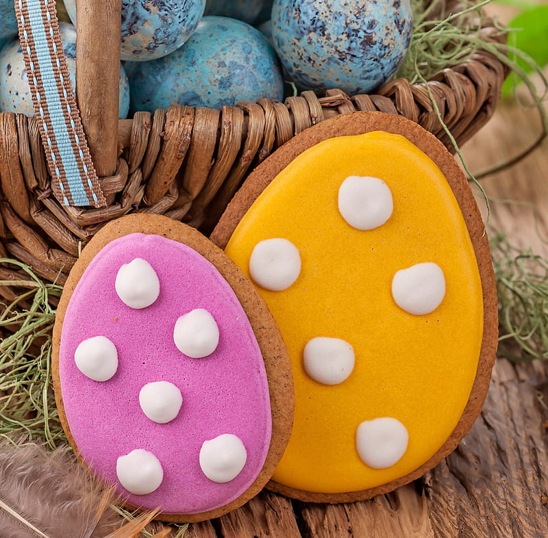Easter eggs, sweet cakes, Easter, holidays, basket, eggs, blue, HD wallpaper