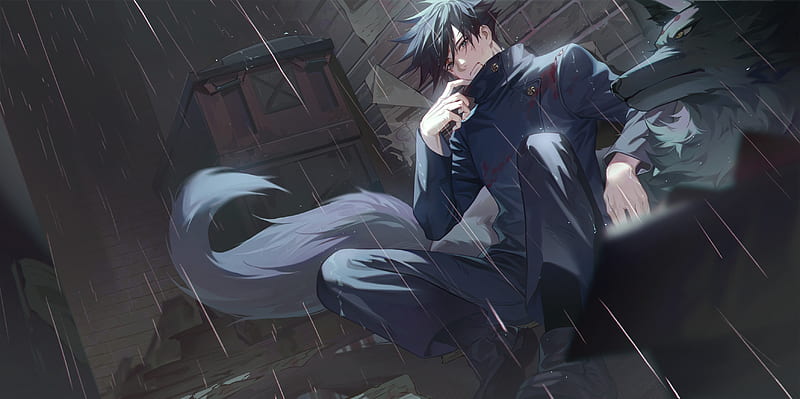 fushiguro megumi, jujutsu kaisen, anime boy, wolf, raining, Anime, HD wallpaper