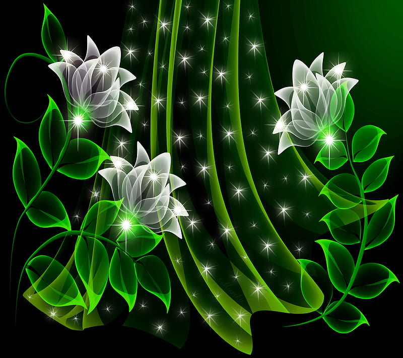 Neon Flowers, floral, glow, green, sparkle, HD wallpaper