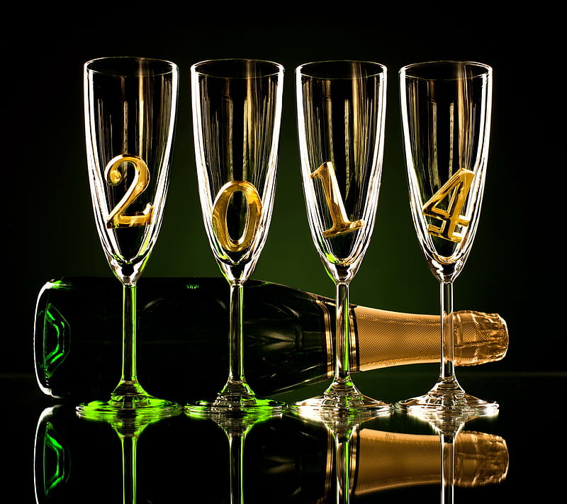 Happy New Year 2014, champagne, glass, gold, new year, HD wallpaper