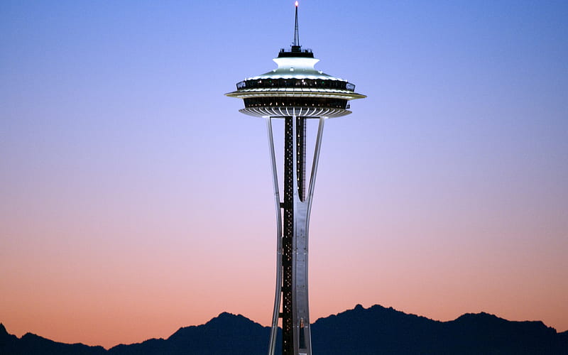 Space Needle, skyline, USA, sunset, Seattle, Washington, America, HD wallpaper