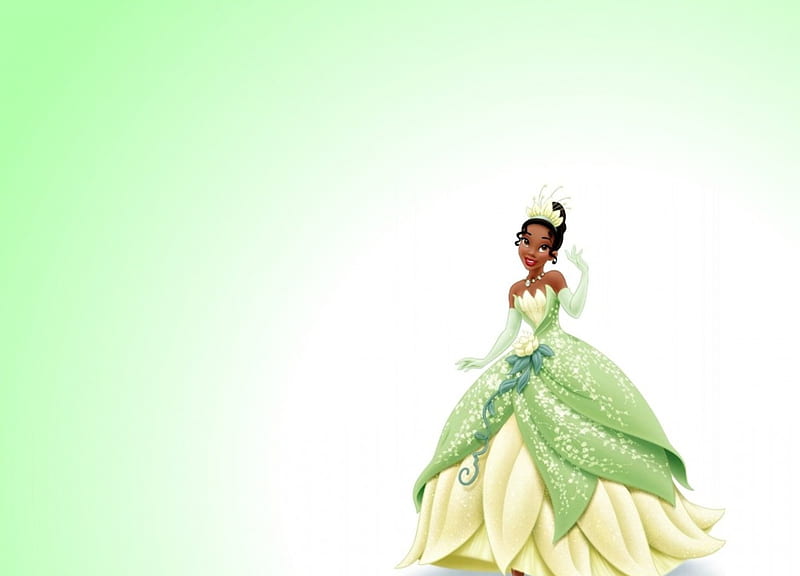 Tiana, dress, movie, fantasy, girl, green, the princess and the frog, white, princess, disney, HD wallpaper