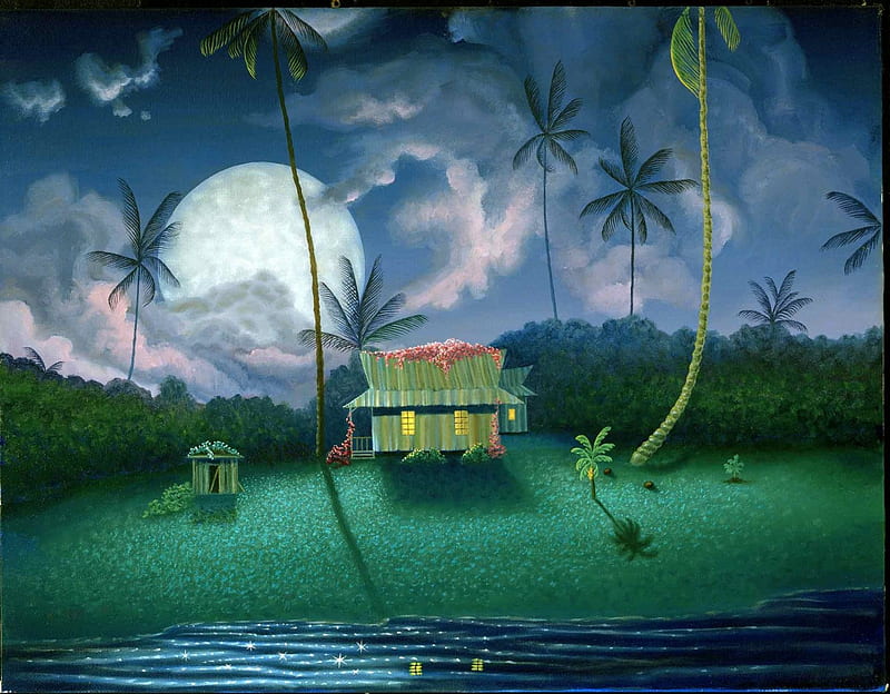 DREAM HOUSE, dreamy, moon, house, clouds, palm trees, night, HD wallpaper