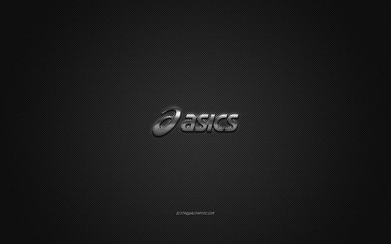 Asics logo, metal emblem, black carbon texture, global apparel brands, Asics, fashion concept, Asics emblem, HD wallpaper