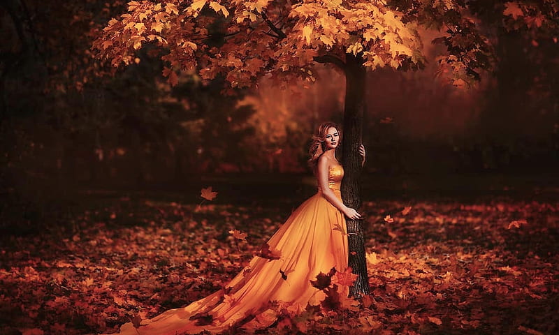 Autumn Stroll, orange, gown, feminine, Model, fashion, autumn, Lovely, outdoors, seasonal, graphy, HD wallpaper
