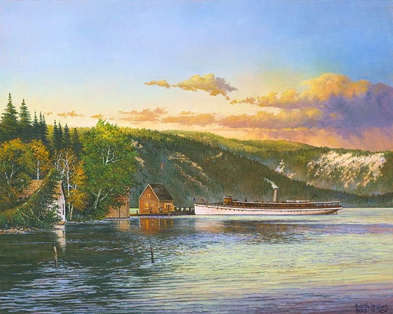 The Tahoe Steamer, boat, painting, lake, artwork, vintage, HD wallpaper
