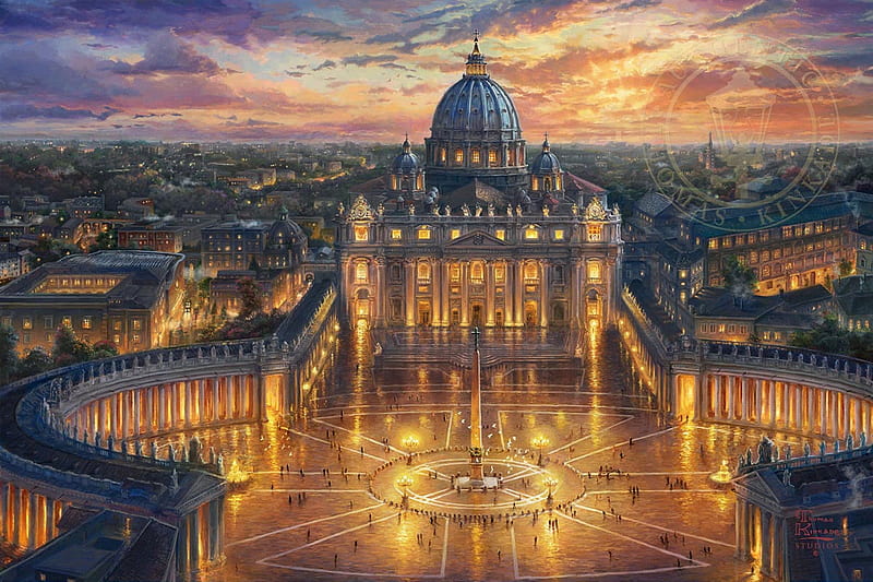 Vatican, lights, art, painting, evening, pictura, thomas kinkade, HD wallpaper