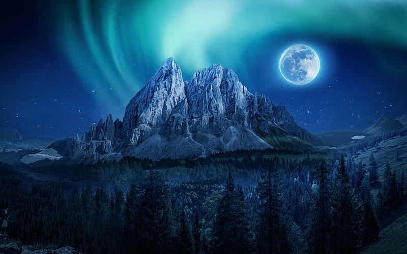 Northern Lights Aurora Mountain Forest Night, HD wallpaper
