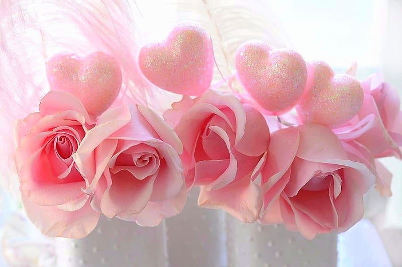 ✿⊱•╮Sweet Roses n' Hearts╭•⊰✿, valentines, lovely still life, chic, romantic, love four seasons, roses, corazones, decorations, flowers, beloved valentines, pink, feathers, HD wallpaper