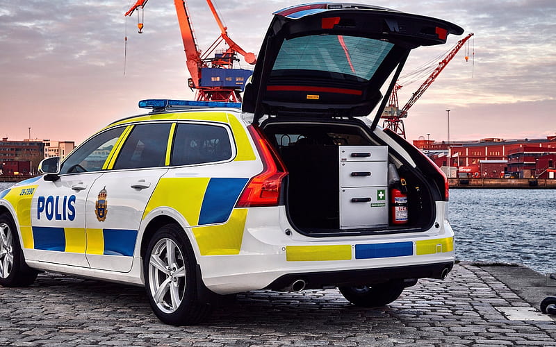 Volvo V90, 2018, Police car, rear view, interior, luggage office, special cars, Swedish Police, wagon, Swedish cars, Volvo, HD wallpaper