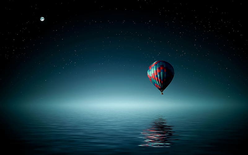 Sky, Stars, Night, Moon, Ocean, Vehicles, Hot Air Balloon, HD wallpaper