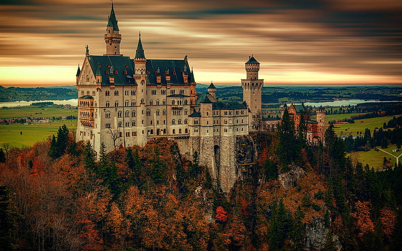 Neuschwanstein Castle, autumn, forest, romantic castle, Landmark, skyline, Bavaria, Germany, HD wallpaper