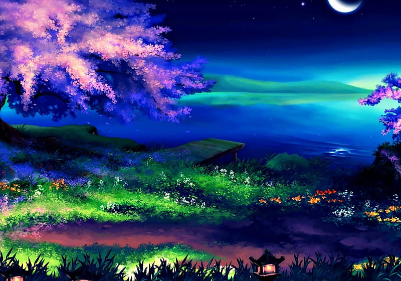 Spring night, sakura, art, lantern, moon, spring, tree, fantasy, moon, water, green, flower, pink, blue, night, HD wallpaper