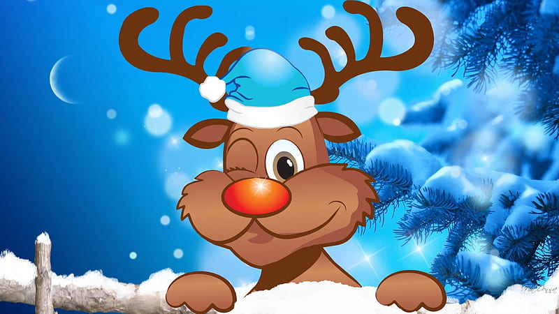 Winking Reindeer, Christmas, Feliz Navidad, tree, whimsical, snow, snowflakes, winking, reindeer, flirt, blue, HD wallpaper