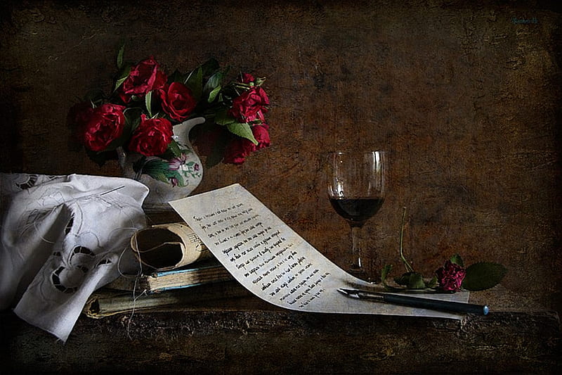 still life, pretty, rose, books, bonito, old, graphy, nice, flowers, drink, beauty, harmony, letter, lovely, romance, roses, red wine, cool, bouquet, embroidery, cup, flower, kettle, HD wallpaper