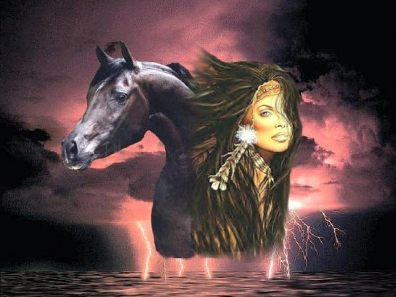 Native Girl and Her Horse, pretty, indian, native american, horse, woman, clouds, water, lightning, girl, HD wallpaper