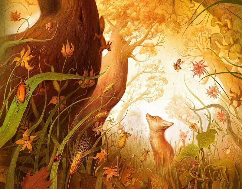Autumn, art, forest, frumusete, squirrel, veverita, luminos, orange, toamna, cute, fantasy, vulpe, tree, fox, ivan sulima, HD wallpaper